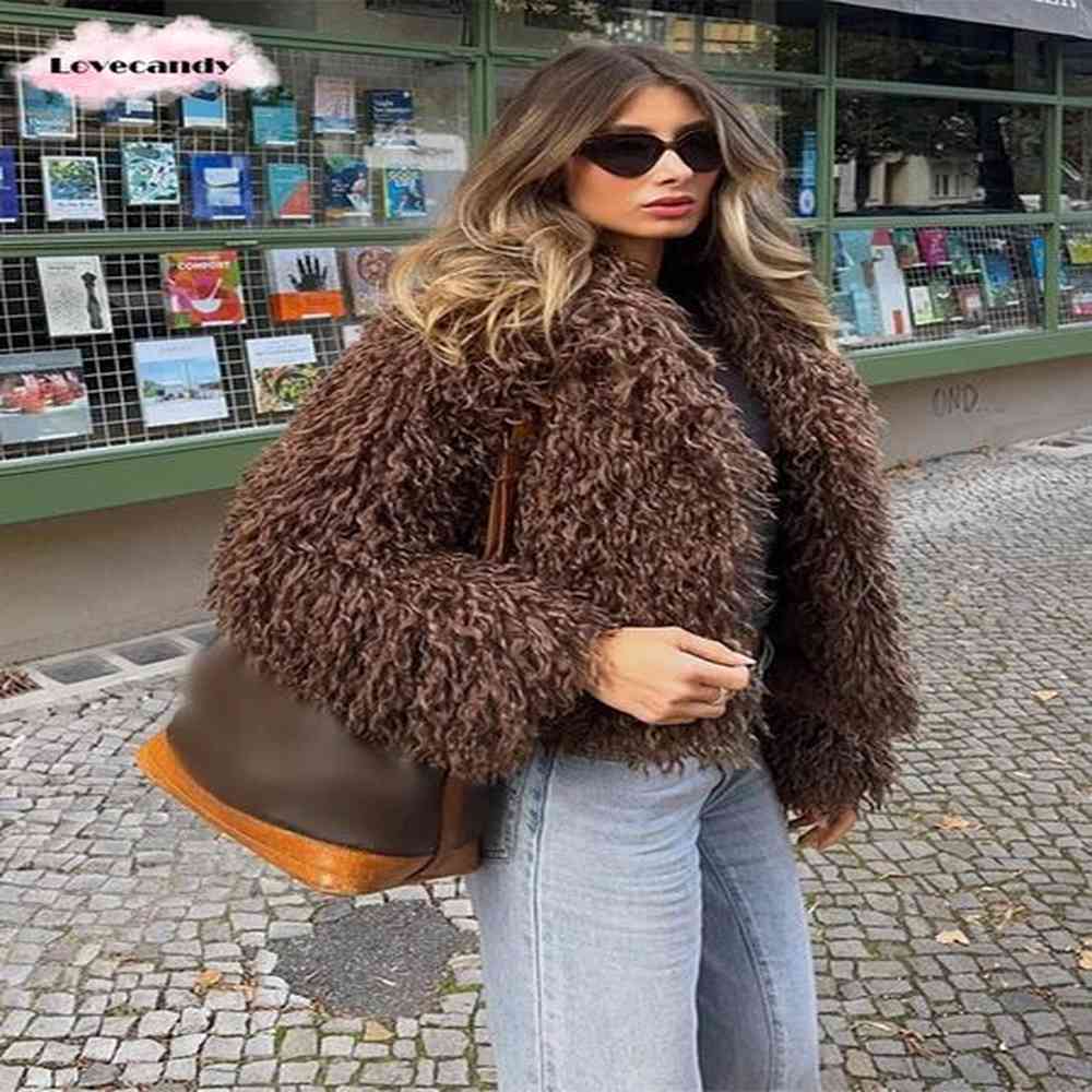 brown fluffy short faux fur womens jacket elegant lapel long
