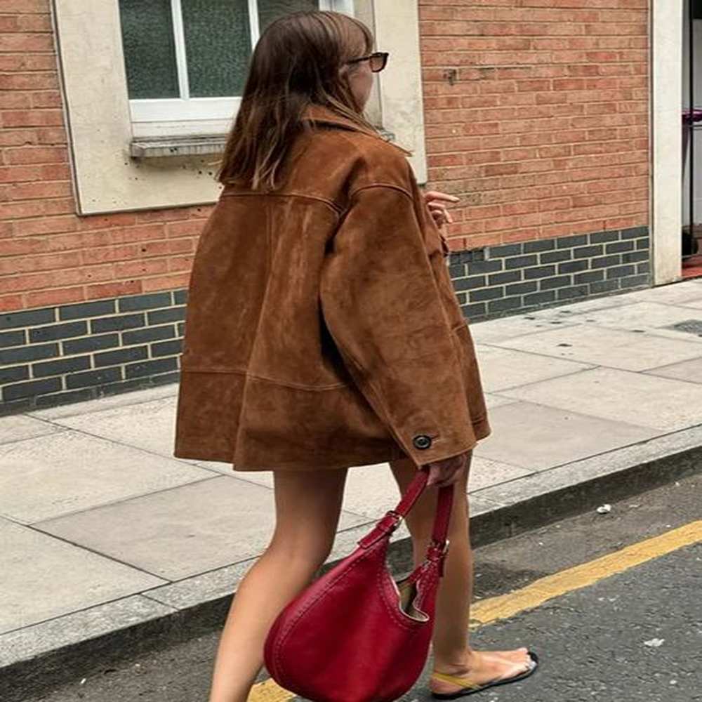brown single breasted faux leather short coat women loose long