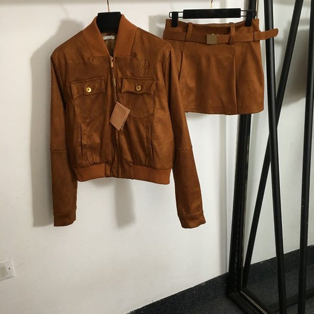 brown suede jackets skirts letters jacquard zipper coats skirt two.jpeg
