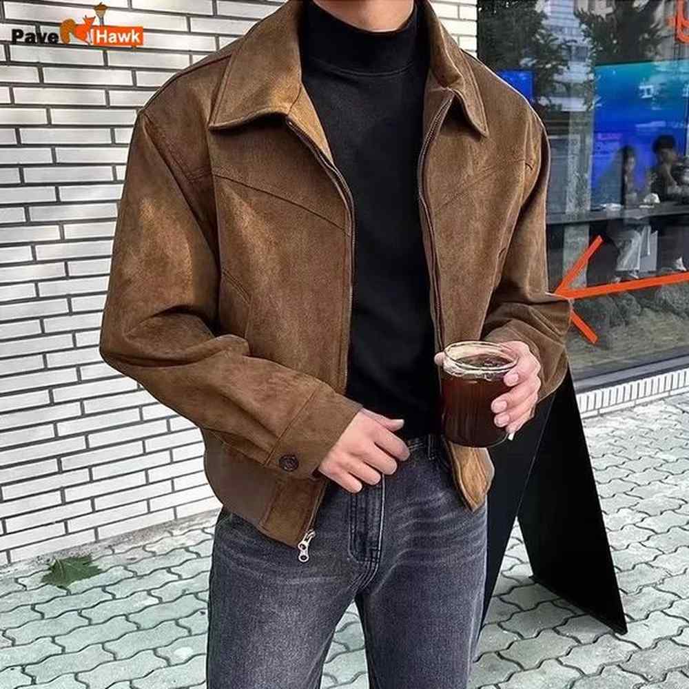 Brown suede retro mens jacket Spring and Autumn high-end solid loose lapel zipper short sleeved jacket retro streetwear bomber jacket 240830