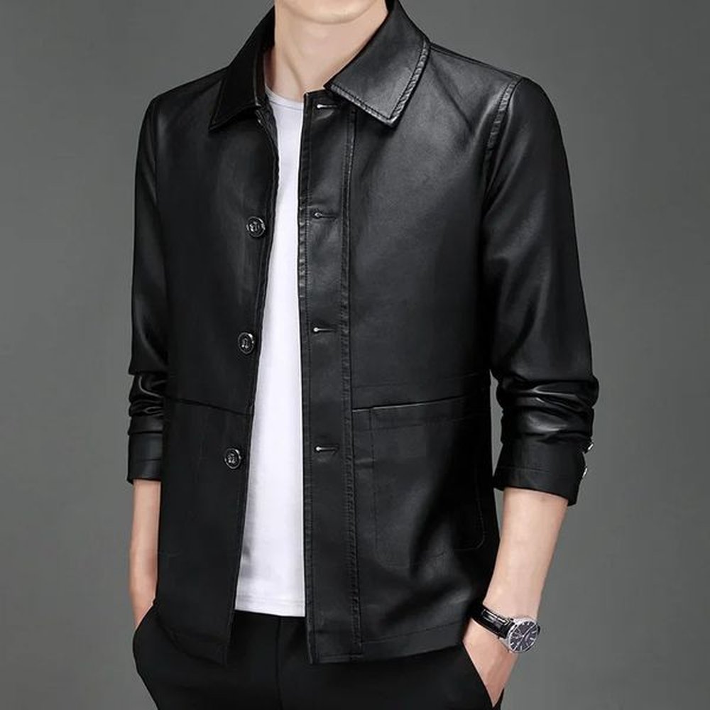 Business Collar Blazers Long Sleeve coats Mens Casual PU Leather Jacket Male Solid Color Fashion Streetwear Motorcycle 241214