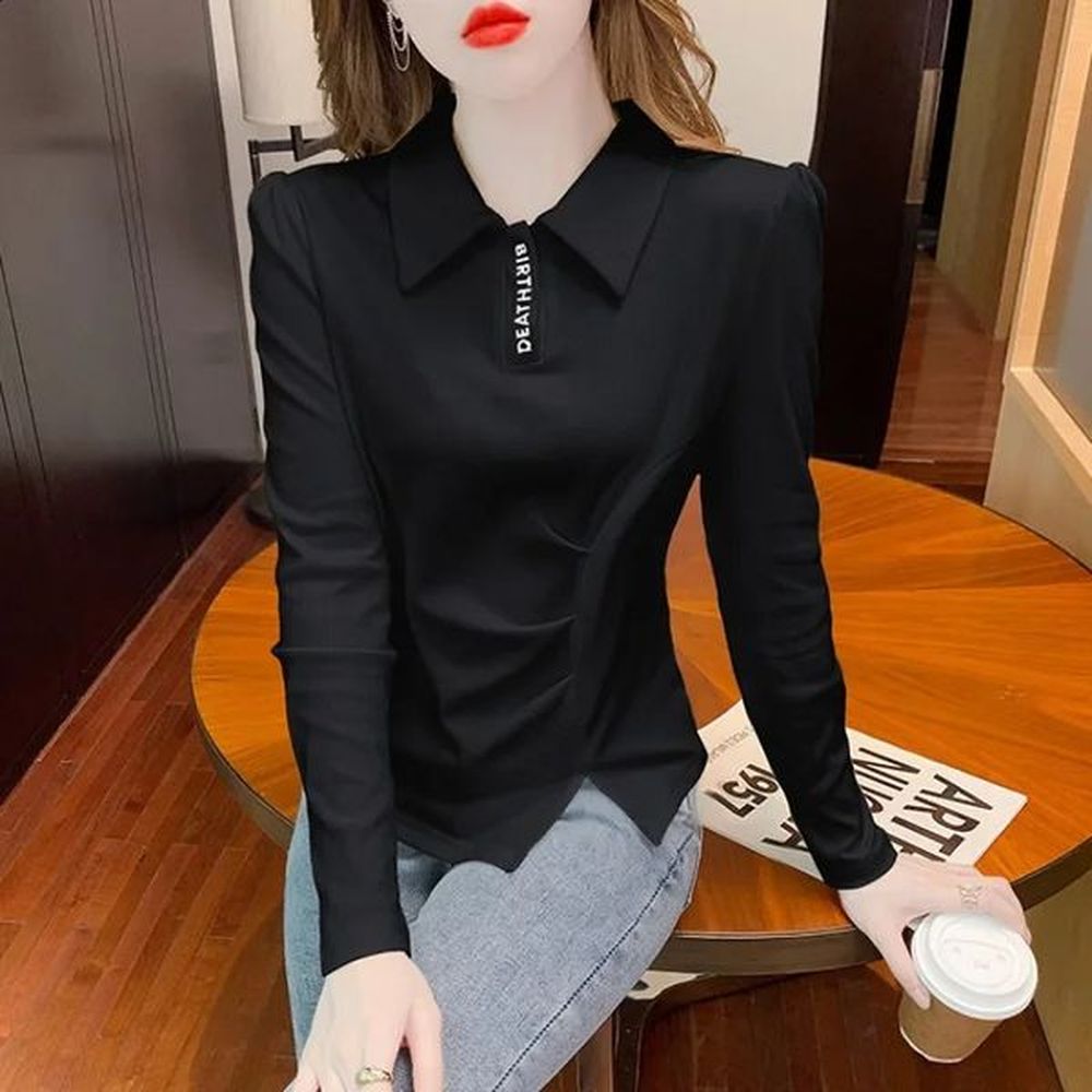 business top plain weave polo neck womens long sleeved beautiful