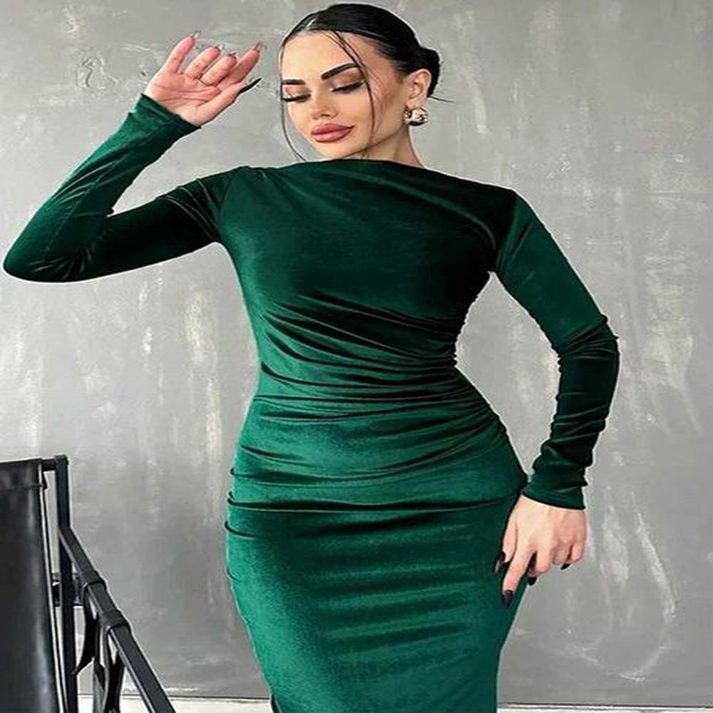 bwq spring summer velvet long sve midi dress for
