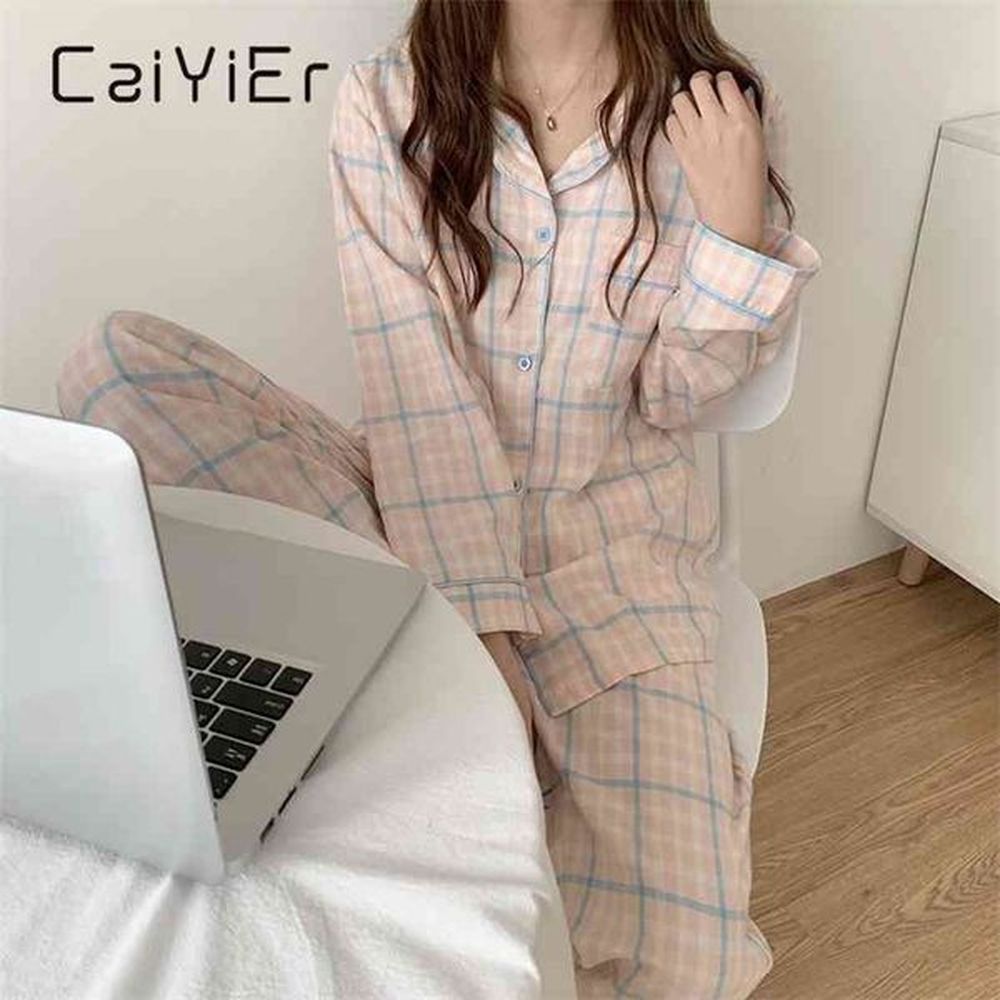caiyier cute grid girls pajamas set korean autumn winter long