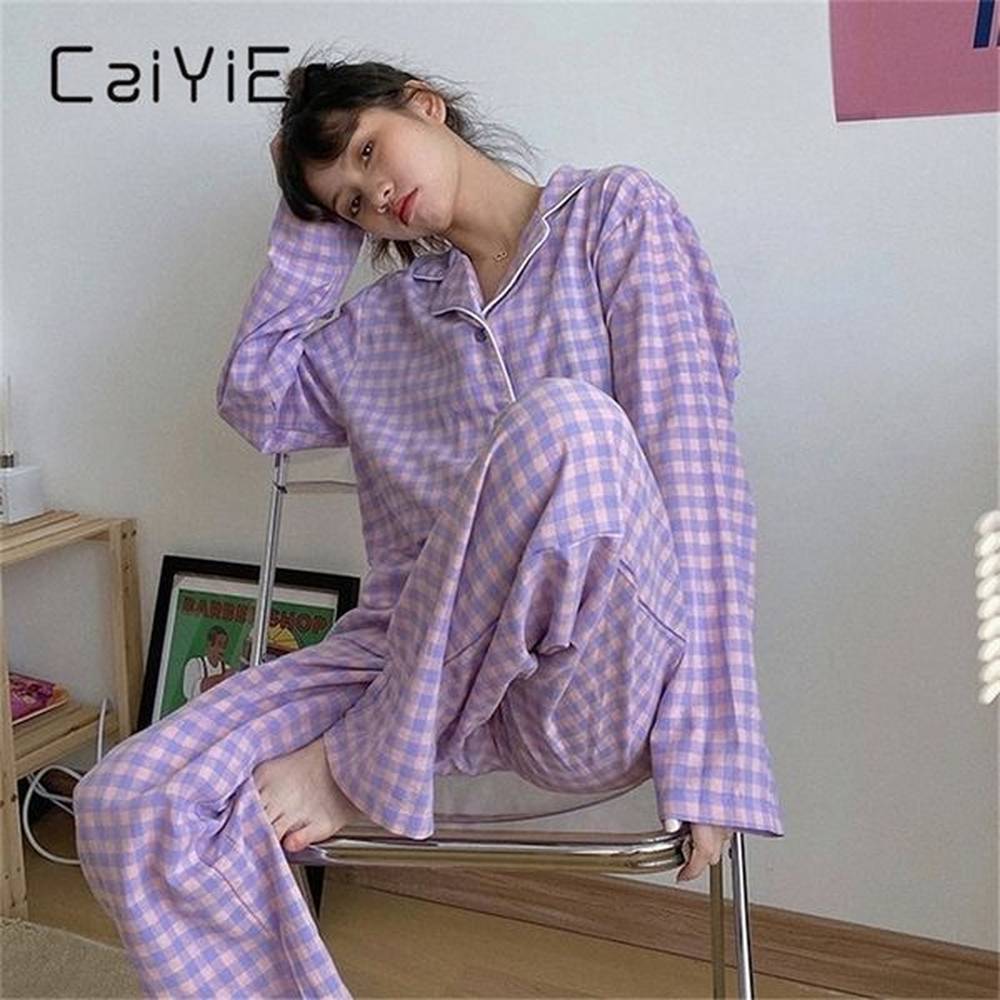 caiyier korean purple grid girls pajamas set cute winter long