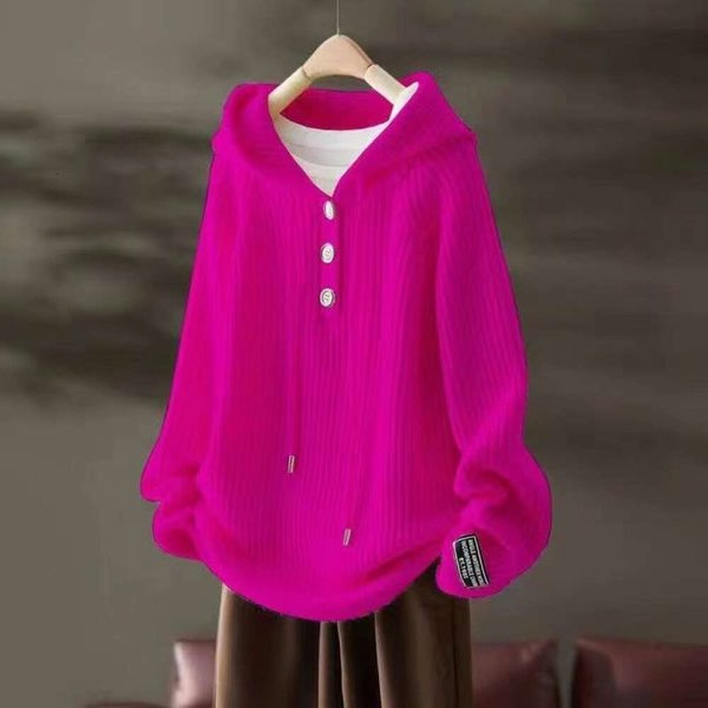 candy colored long sleeved hooded knitted sweater for women