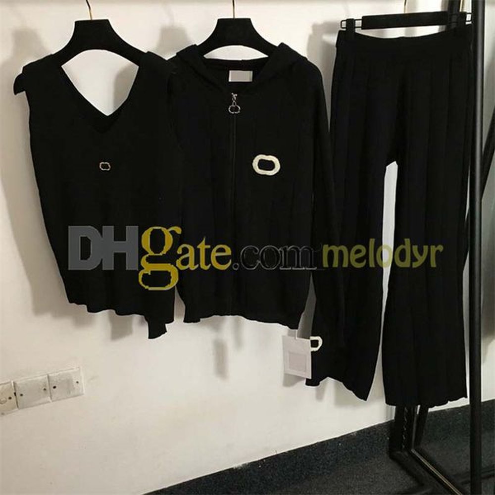 cardigan knitted tank wide leg pants three piece set designer