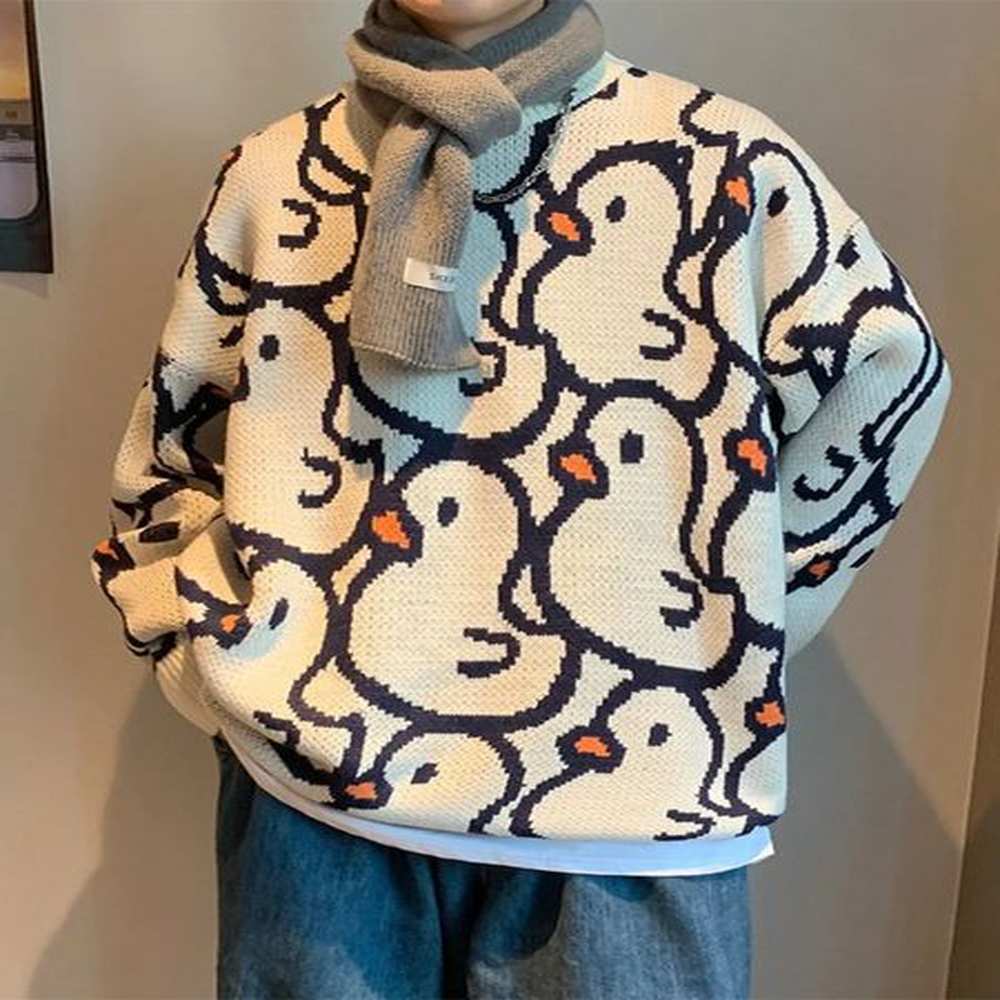Cartoon Duck Round Neck Zipper Sweater Mens Harajuku Embroidered Hip Hop Street Clothing Loose Knitted Jumper Top 241213