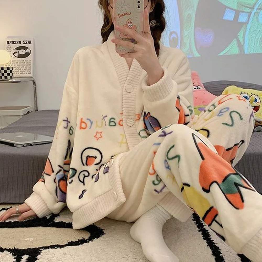 cartoon flannel pama suit womens winter thickened princess style long
