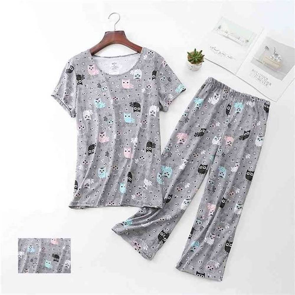 cartoon pajamas set female sexy short sleeve tshirt long pants