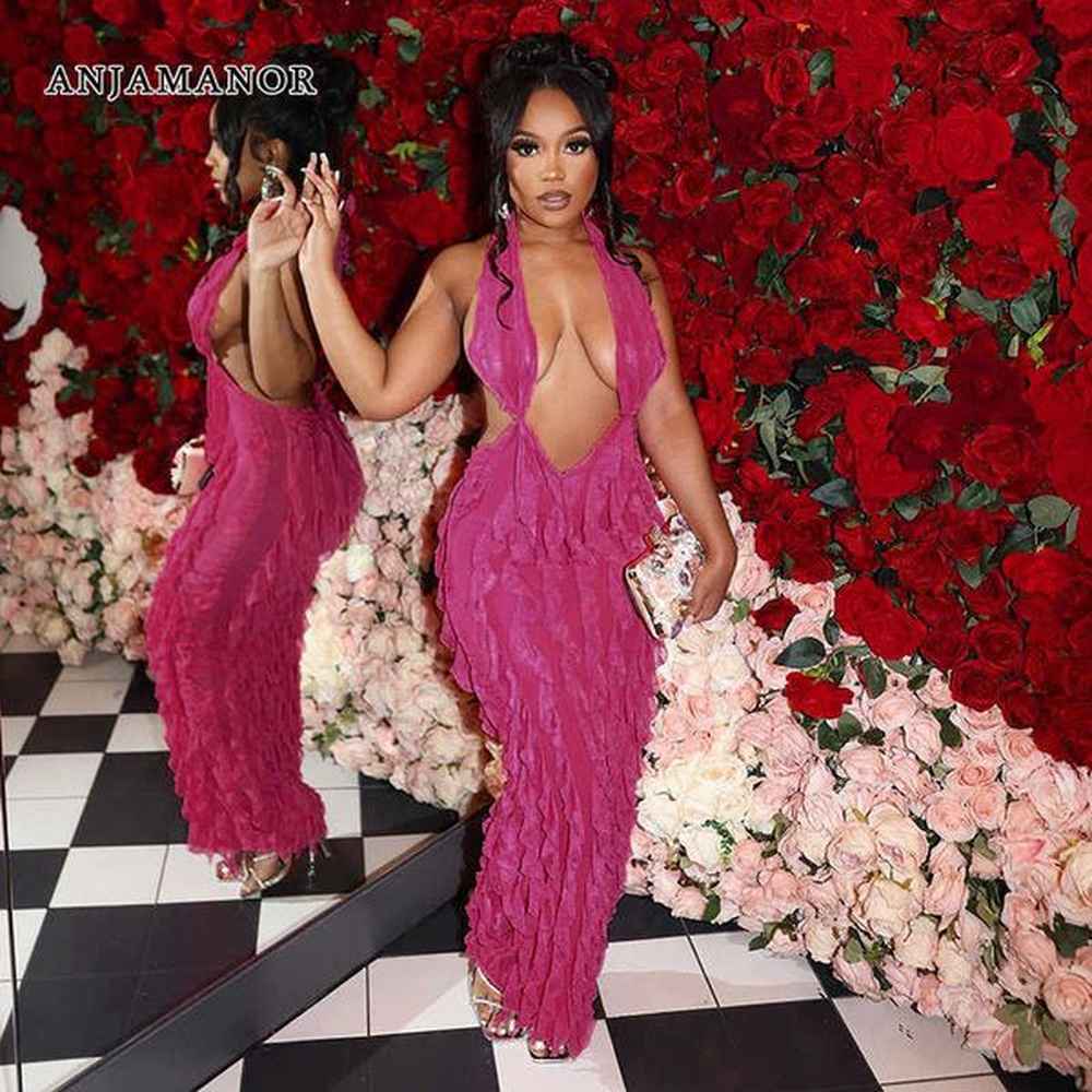 casual dresses anjamanor ruffled mesh deep v halter backless long