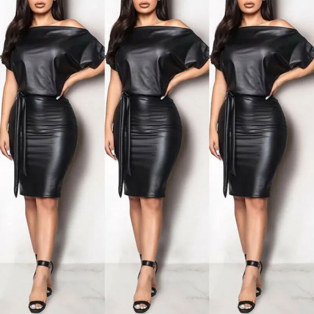 casual dresses black asymmetrical sexy faux leather bodycon dress women