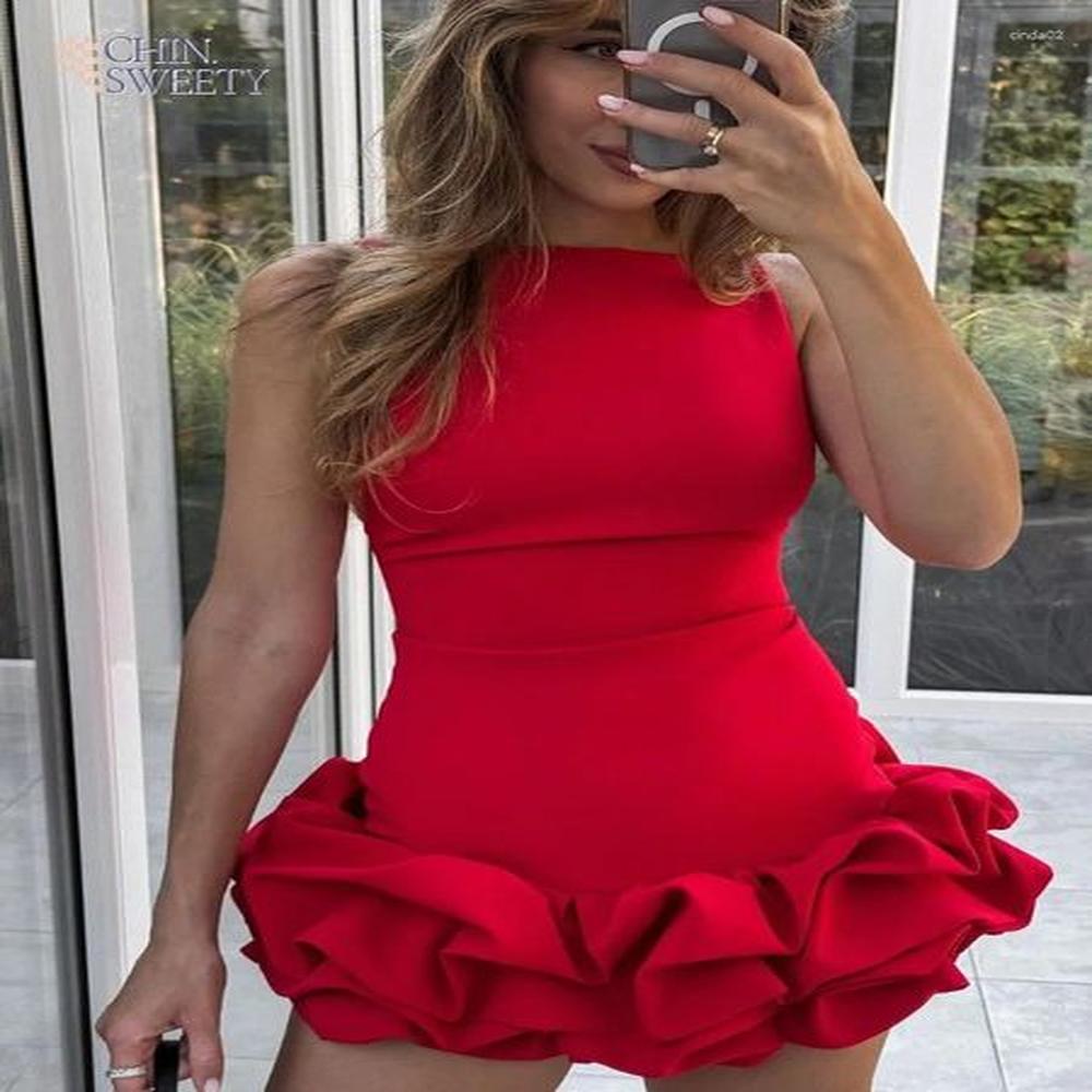 casual dresses elegant solid ruffled hem sleeveless bodycon short dress