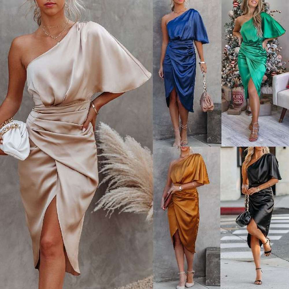 casual dresses elegant women summer dress shiny satin slash neck