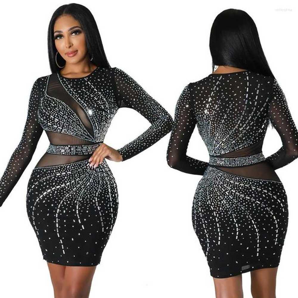 casual dresses fashion round neck long sleeve rhinestone sheath