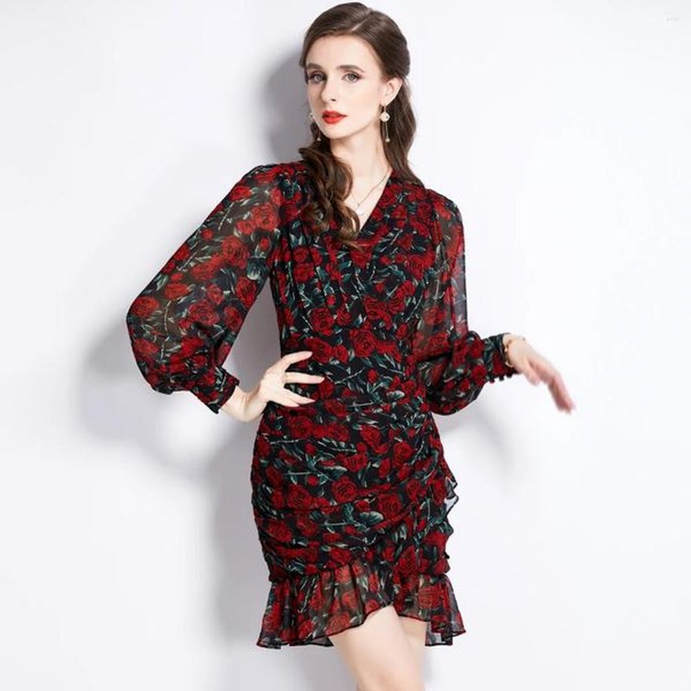 casual dresses french spring rose flower chiffon mini dress elegant