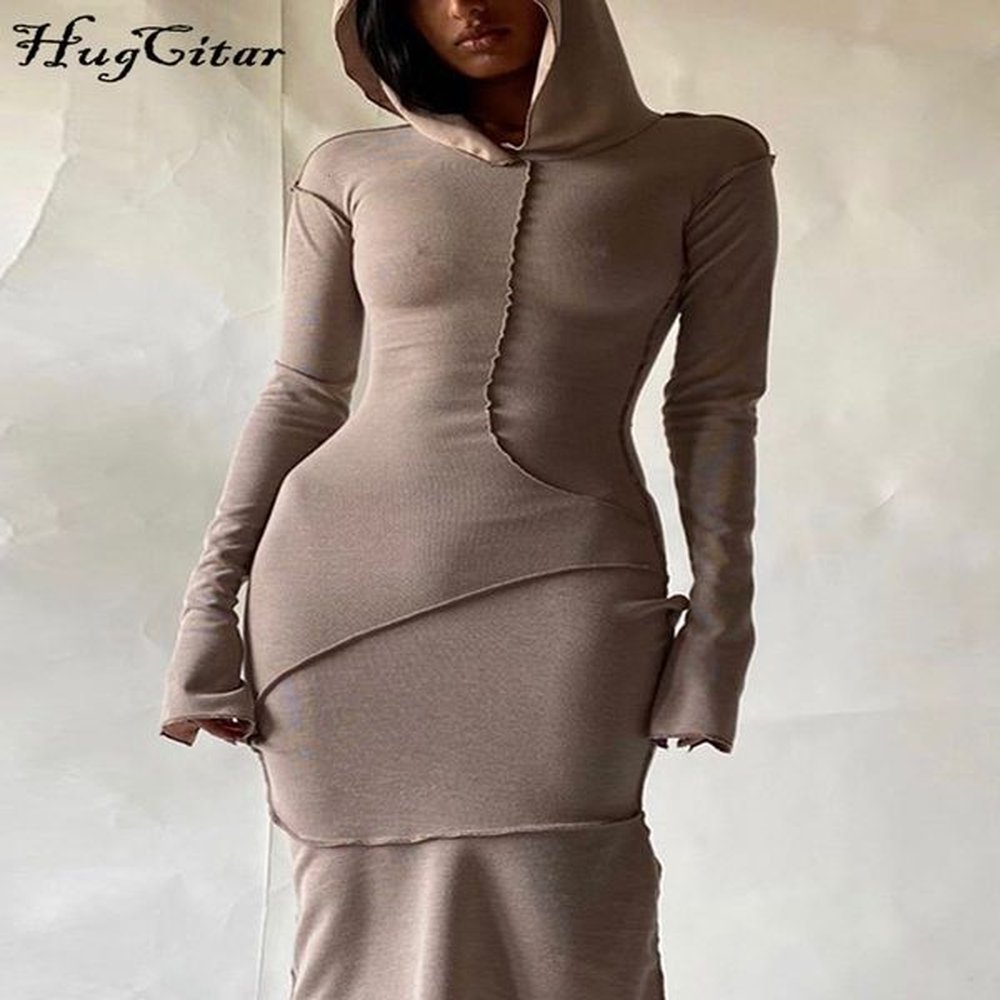 casual dresses hugcitar long sleeve hooded patchwork skinny maxi dress