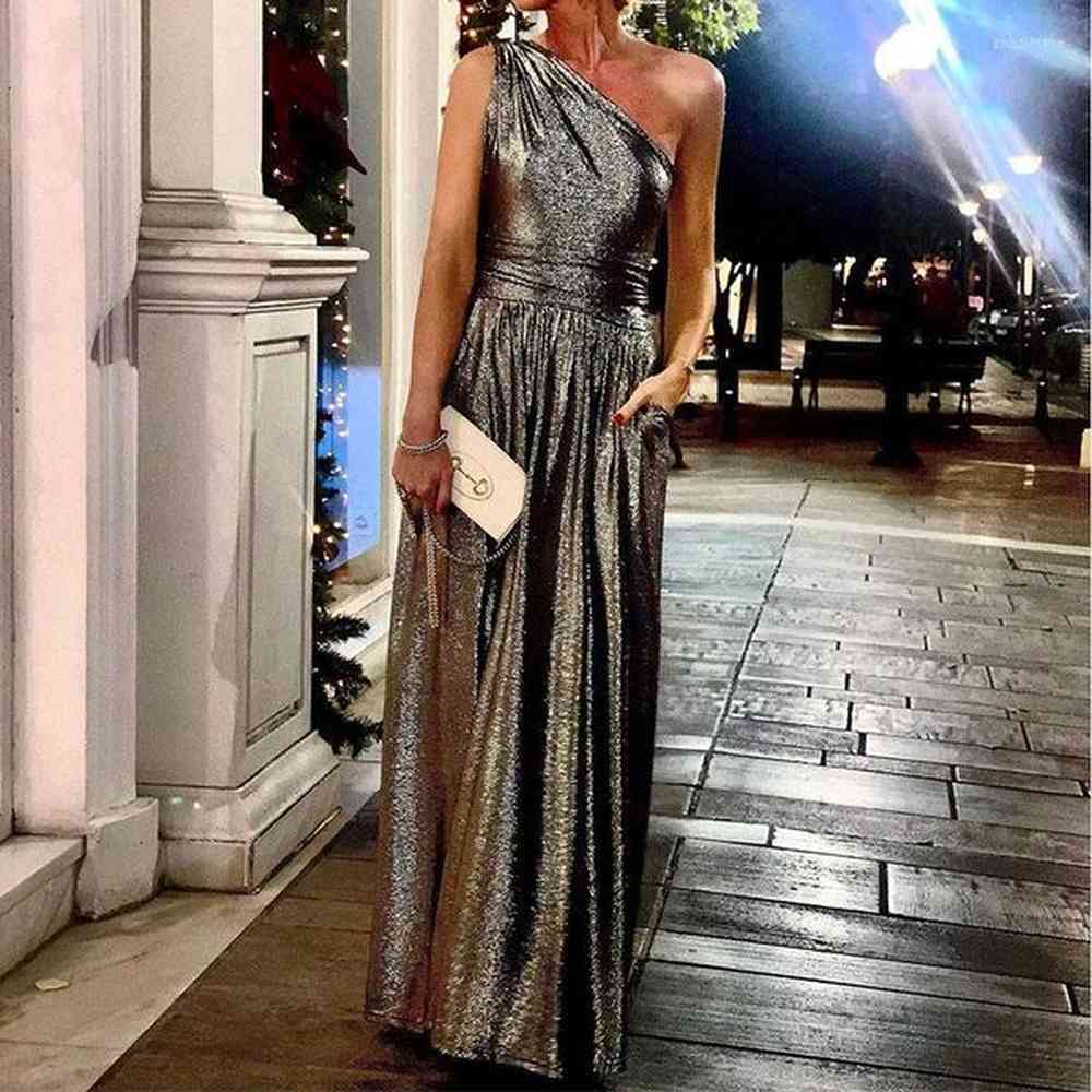 casual dresses ladies elegant bronzing diagonal collar slim long dress