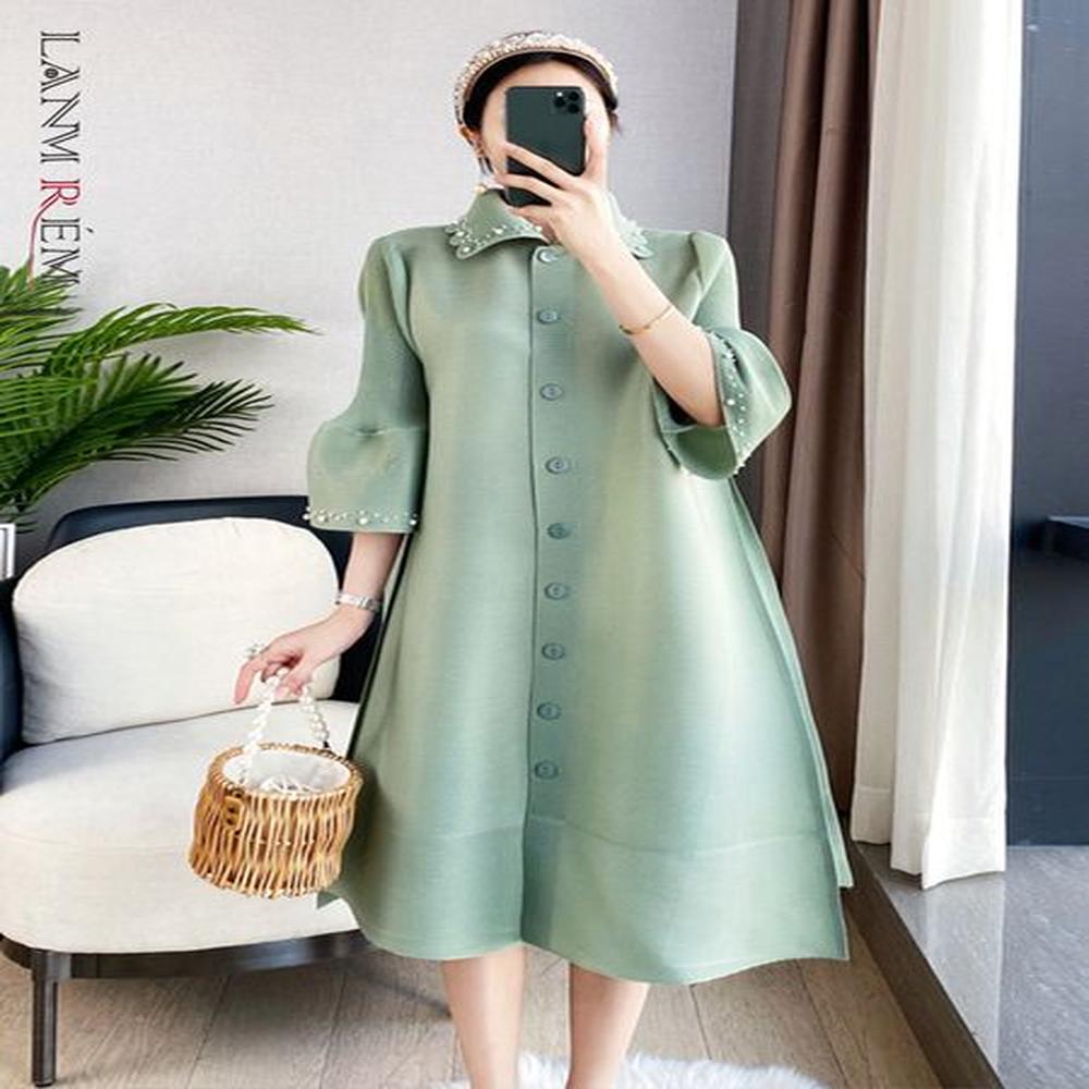 casual dresses lanmrem flare sleeves pleated dress women single breasted