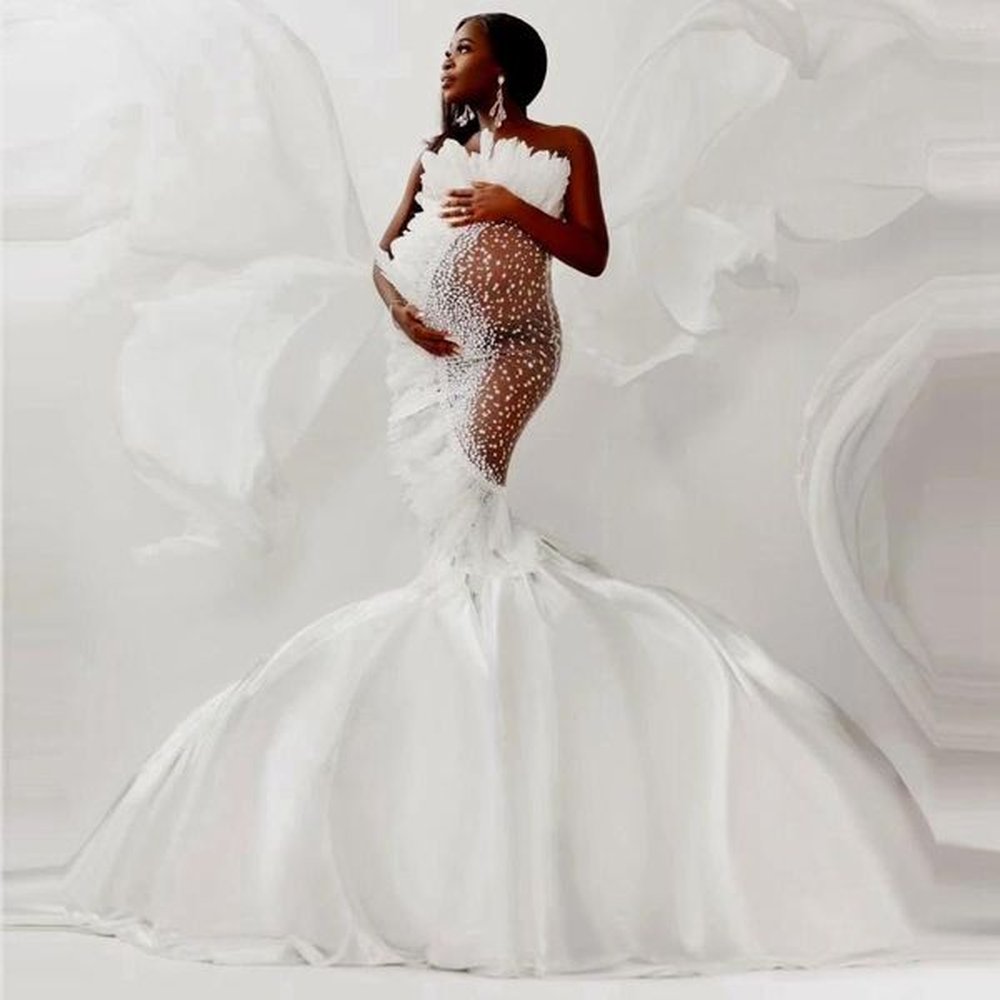 casual dresses luxurious peals feathers pregnancy poshoot dress mermaid maternity