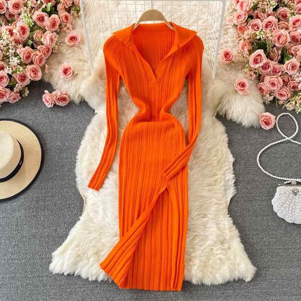 casual dresses orange long sleeve elasticity bodycon knitted dress women