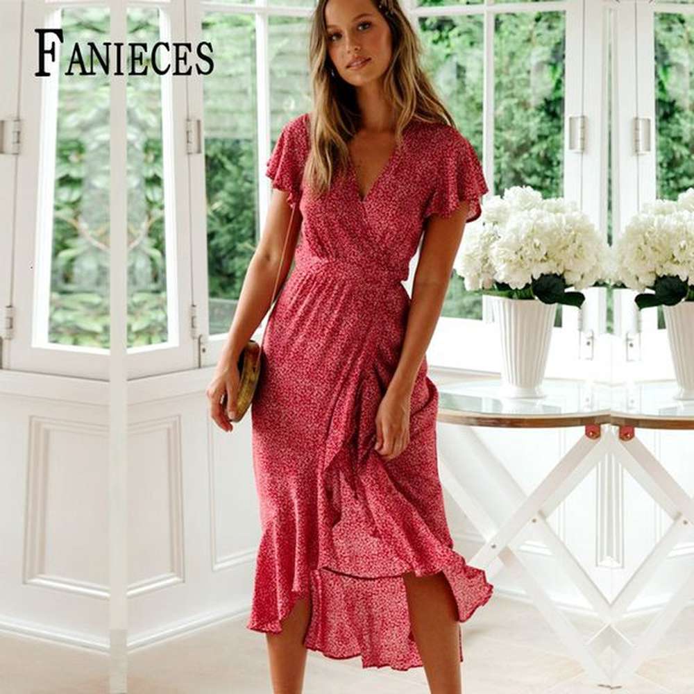 casual dresses red dot print boho long chiffon summer beach