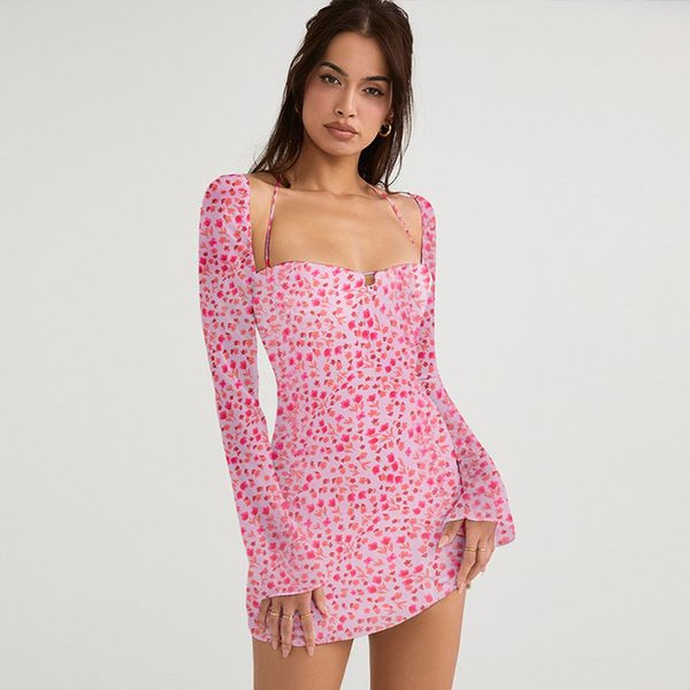casual dresses sexy slim body hang neck long sleeve flower