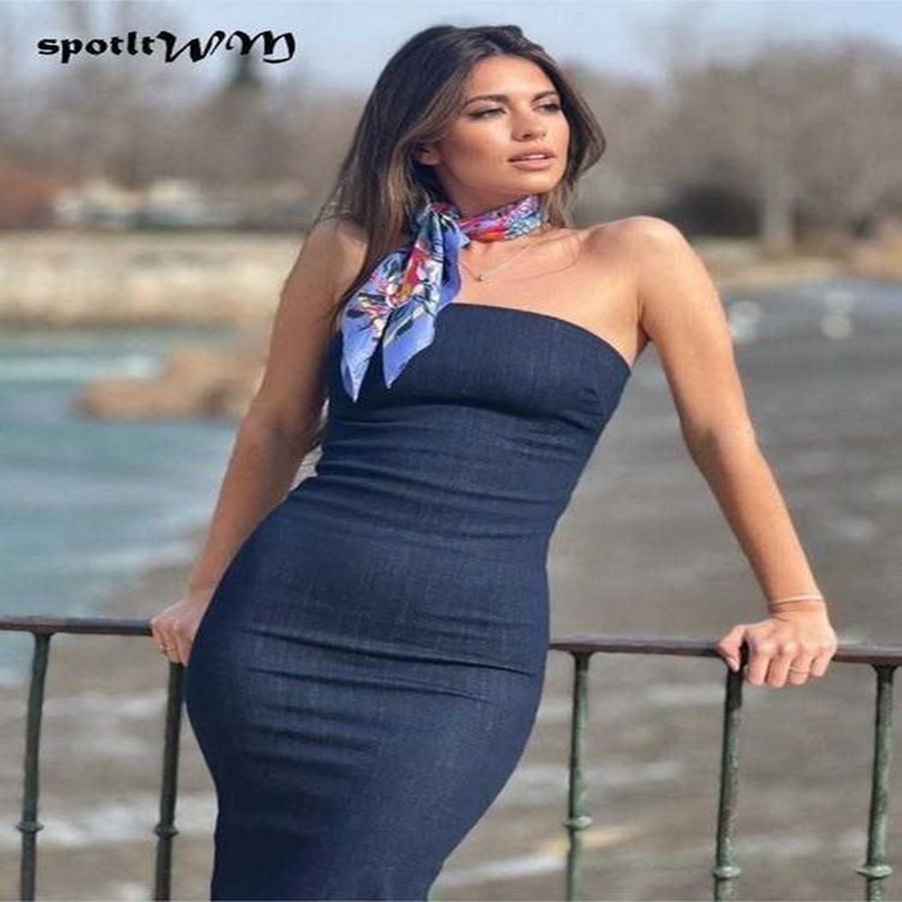 casual dresses sexy slim strapless backless denim maxi dress spring