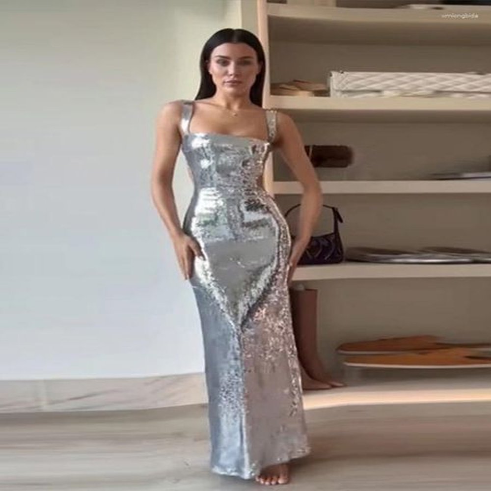 casual dresses sexy sling backless silvery maxi for women fashion
