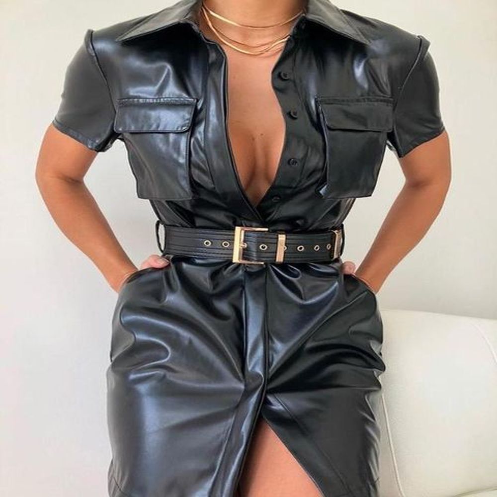 casual dresses solid pu leather dress women short sleeve turn