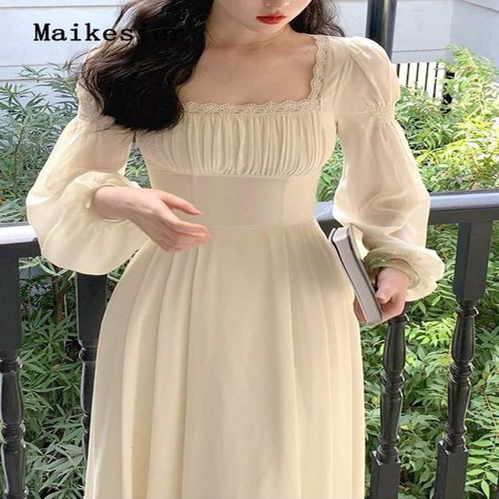 casual dresses spring summer bubble sleeve square neck french fashion
