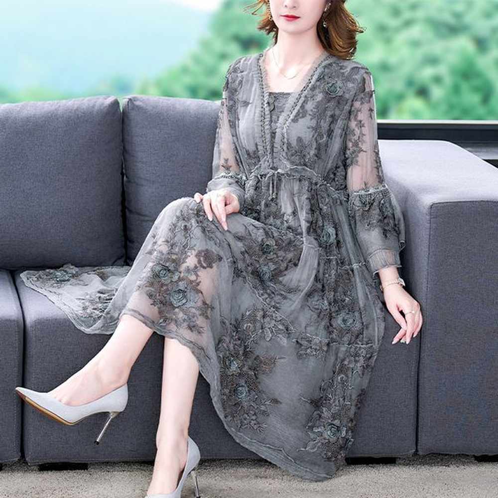 casual dresses summer floral embroidery natural silk hollow out sexy