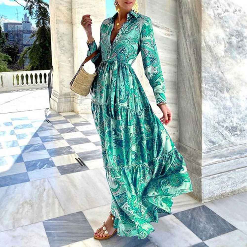 casual dresses summer loose boho maxi beach sexy turndown collar