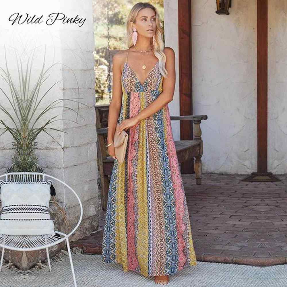 casual dresses wildpinky long women print boho female vneck summer