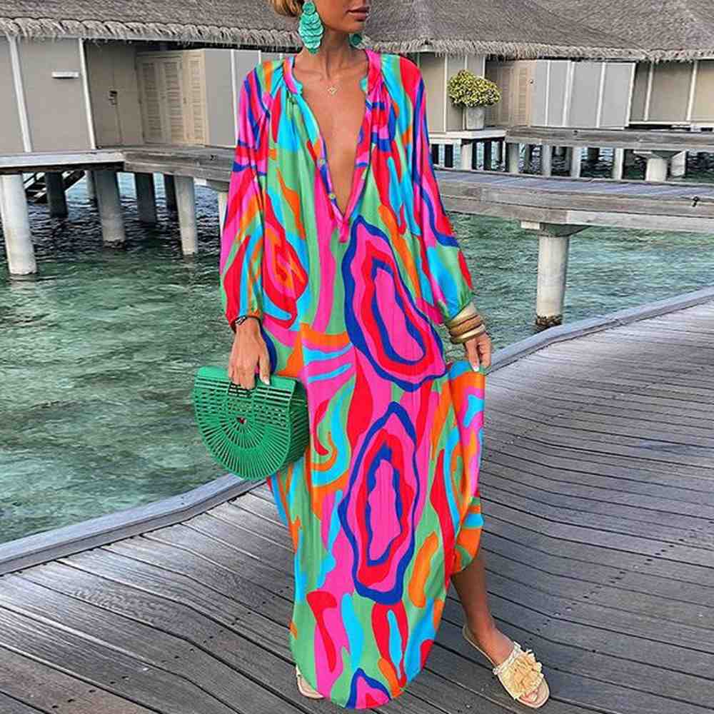 casual dresses women boho print loose beach elegant deep vneck