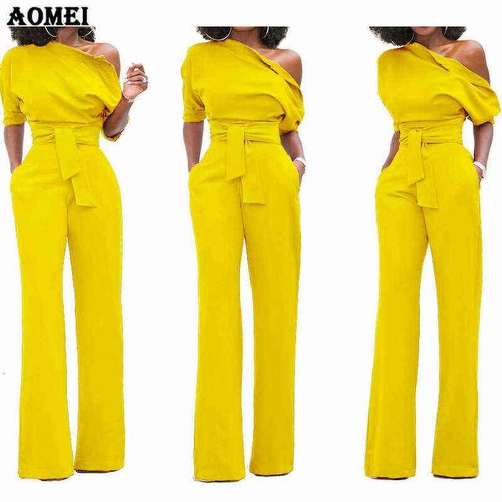 casual dresses women jumpsuit one shoulder with sashes pockets officewear