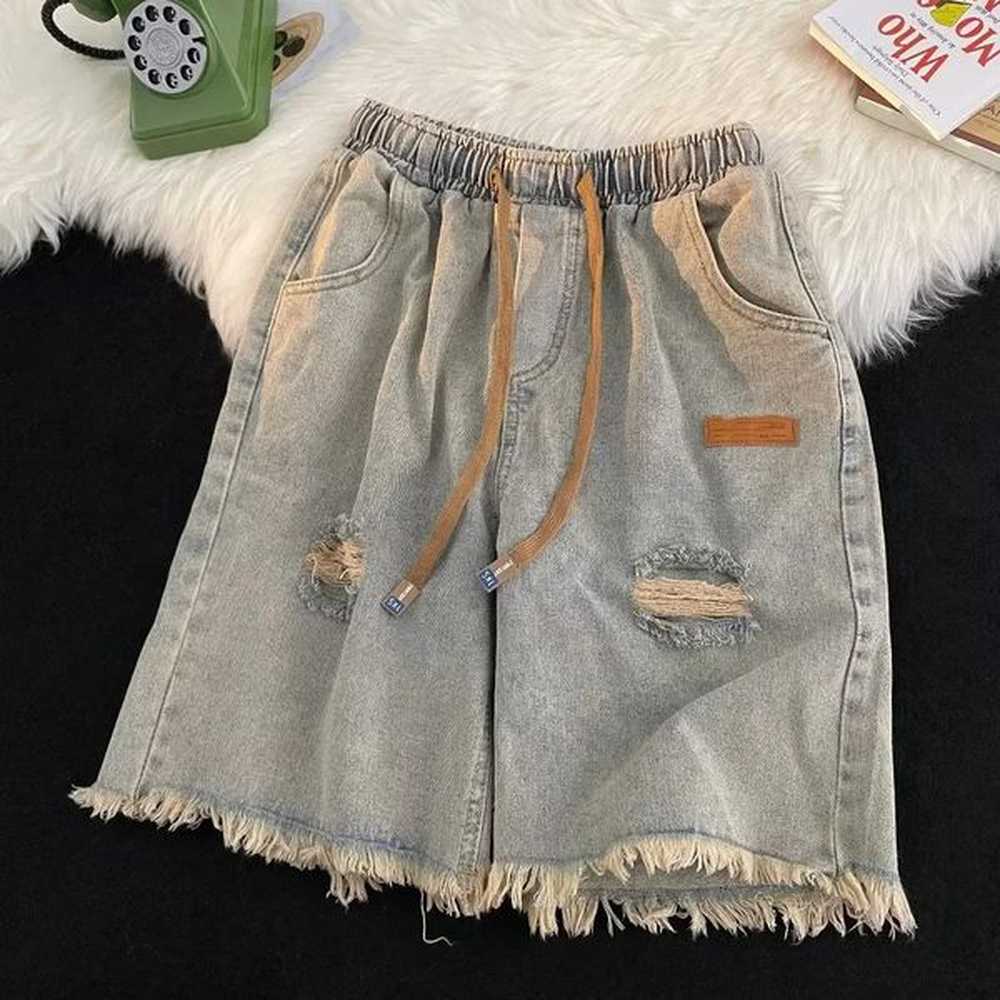 Casual Fashionable Unique Mens Jeans Trendy LooseFit StraightLeg Denim Shorts Style Summer Versatile MidLength Pants 250207