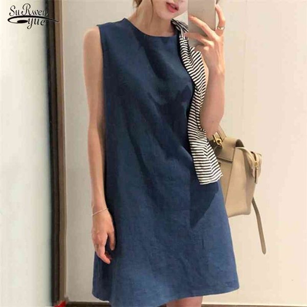 casual loose sleeveless dress female korean style ins cotton linen