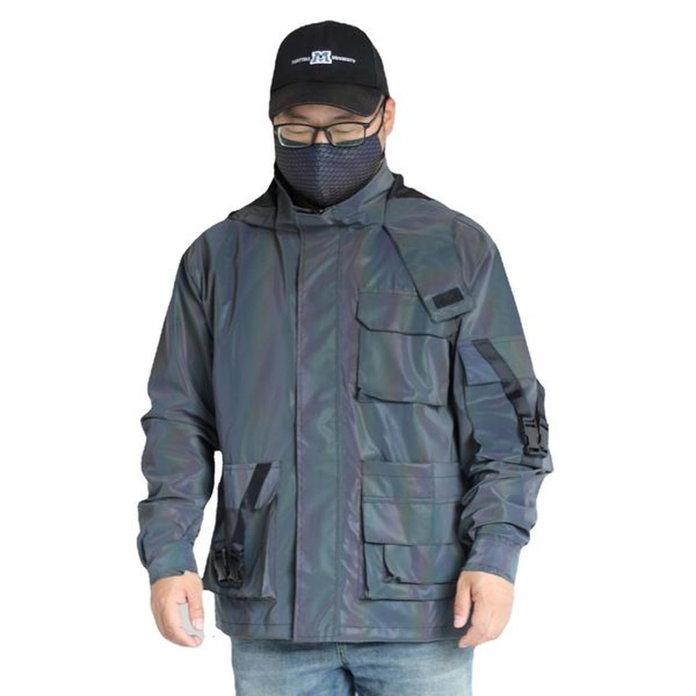 Casual men three dimensional multi pocket zipper cargo hoodded dazzling reflective jacket