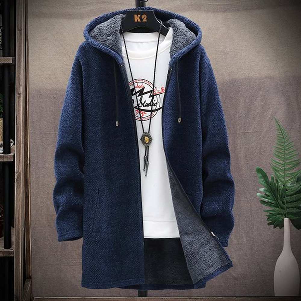 Casual Men's Wool Blend Knitted Outerwear - Plush Liner, Hoodie Design, Ready Stock