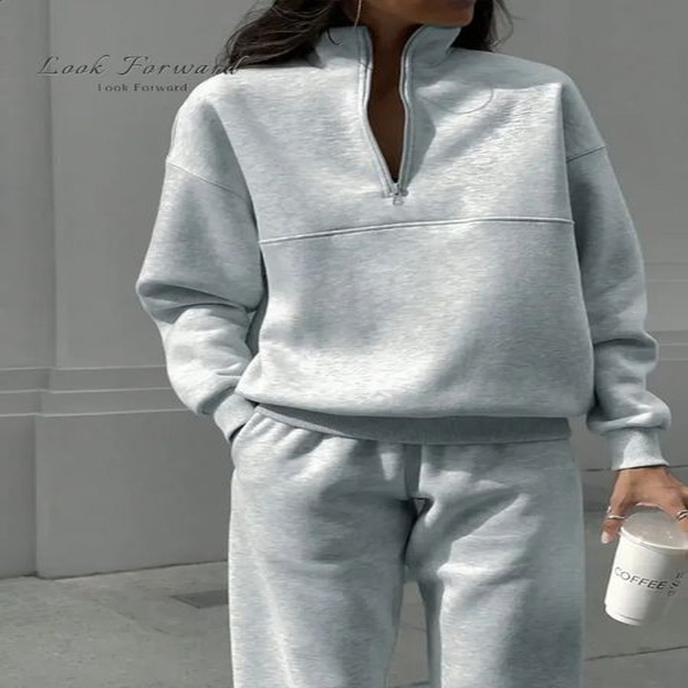 casual pants set for womens autumn loose zipper long sleeved