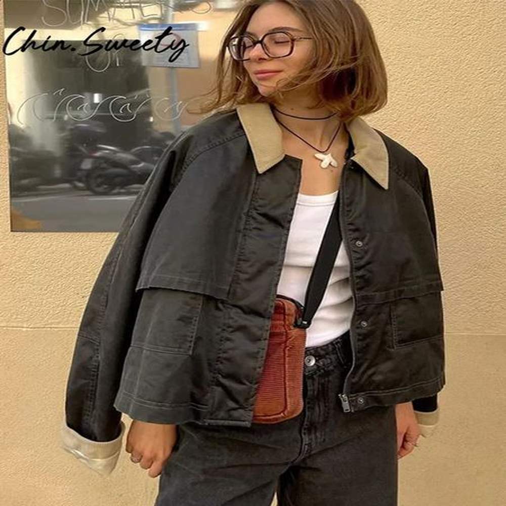 casual patch work jacket womens retro lapel zipper long sleeved