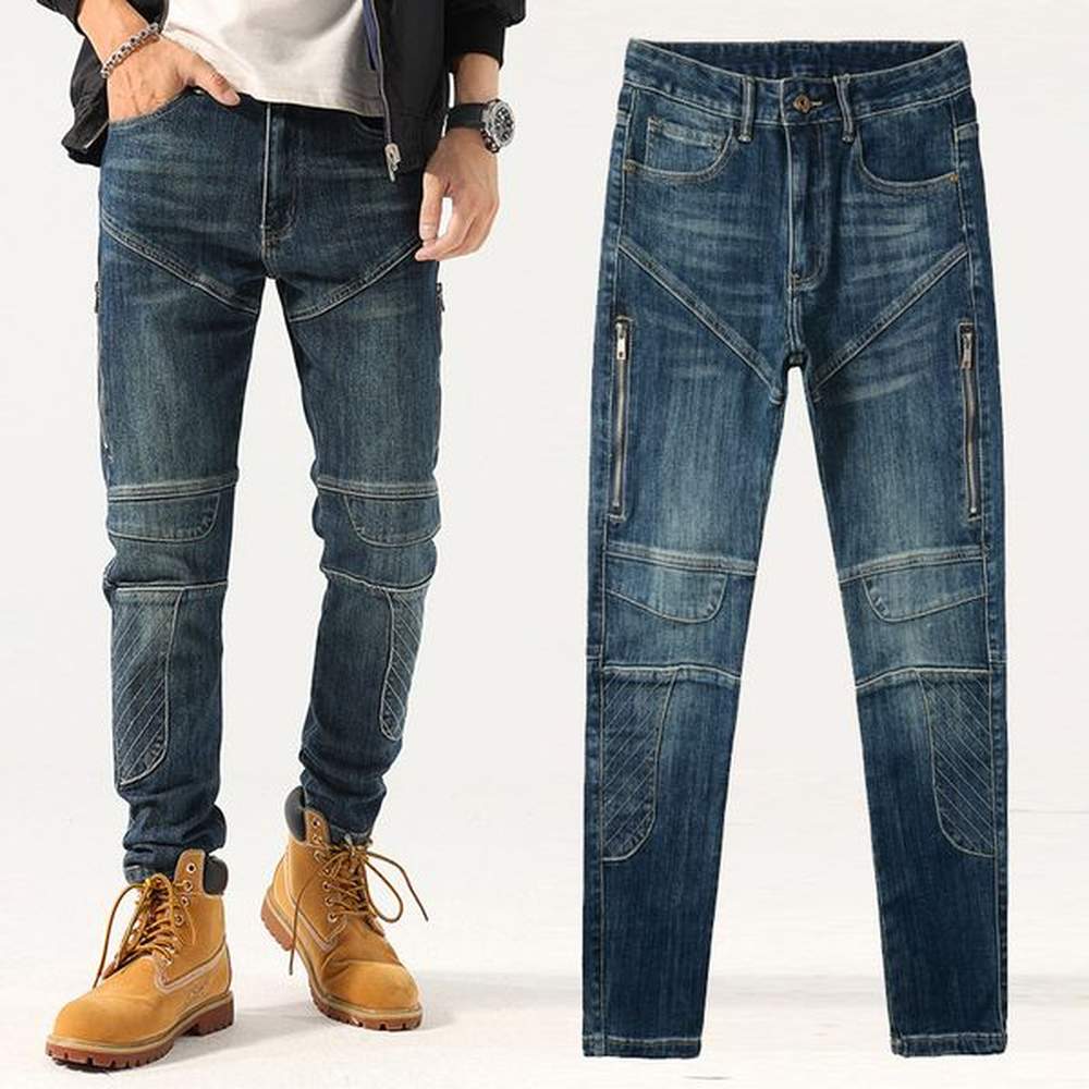 Casual Plus Size Trousers Men Slim Fit Feet Elastic Patch Splicing Zipper Washed Motorcycle Denim Designer Jeans Biker Youth Blue