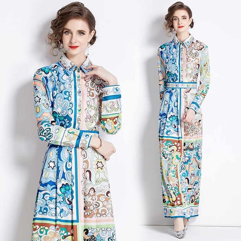 casual print aline maxi dress women long sleeve lapel