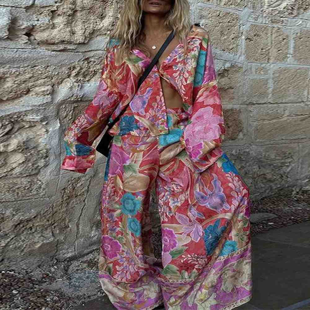 casual printed shirts wide leg pants womans set vintage printing