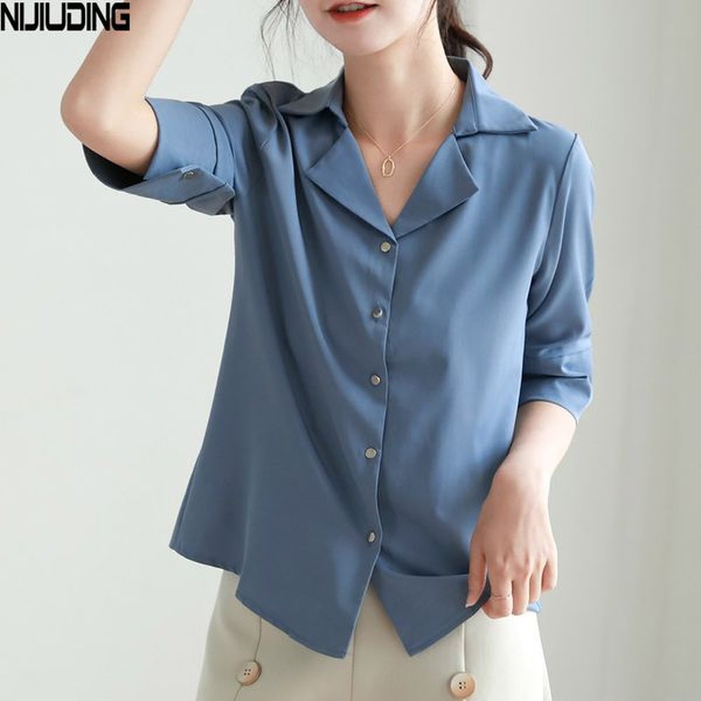 casual simple shirt blouse turndown collar singlebreasted short sleeve basic