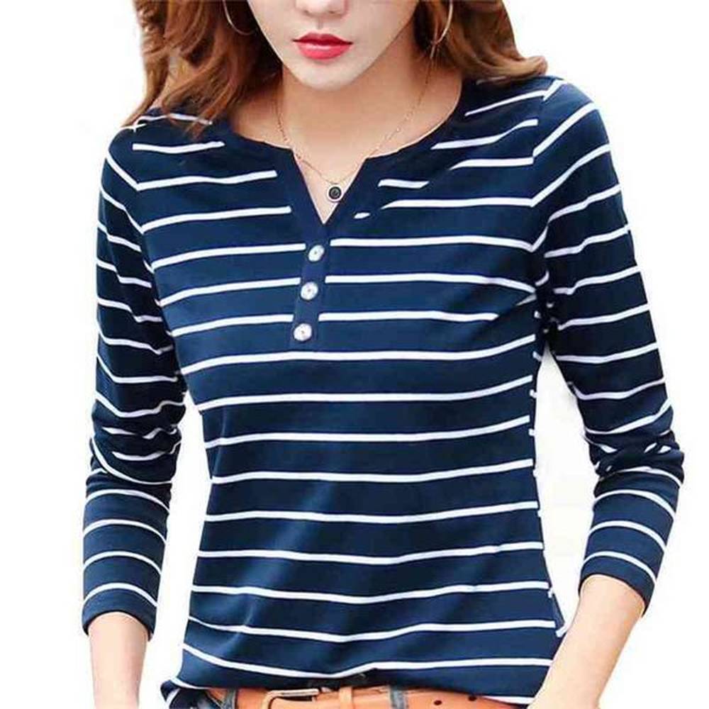 casual stripe women tshirt spring autumn small v neck button
