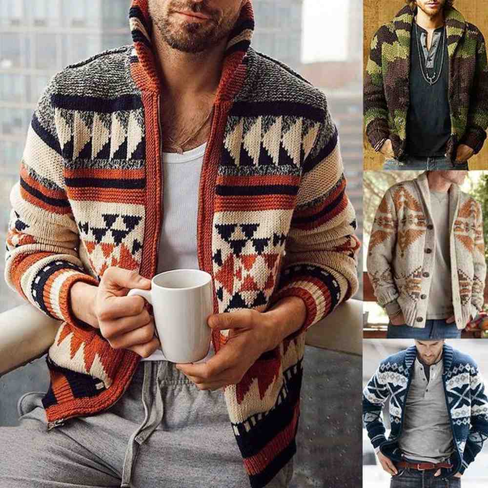 Casual Winter Printed Men Cardigan Sweater Jacket Fashion Knitted Sweaters For Men Red Autumn Streetwear Zipper Coat Tops