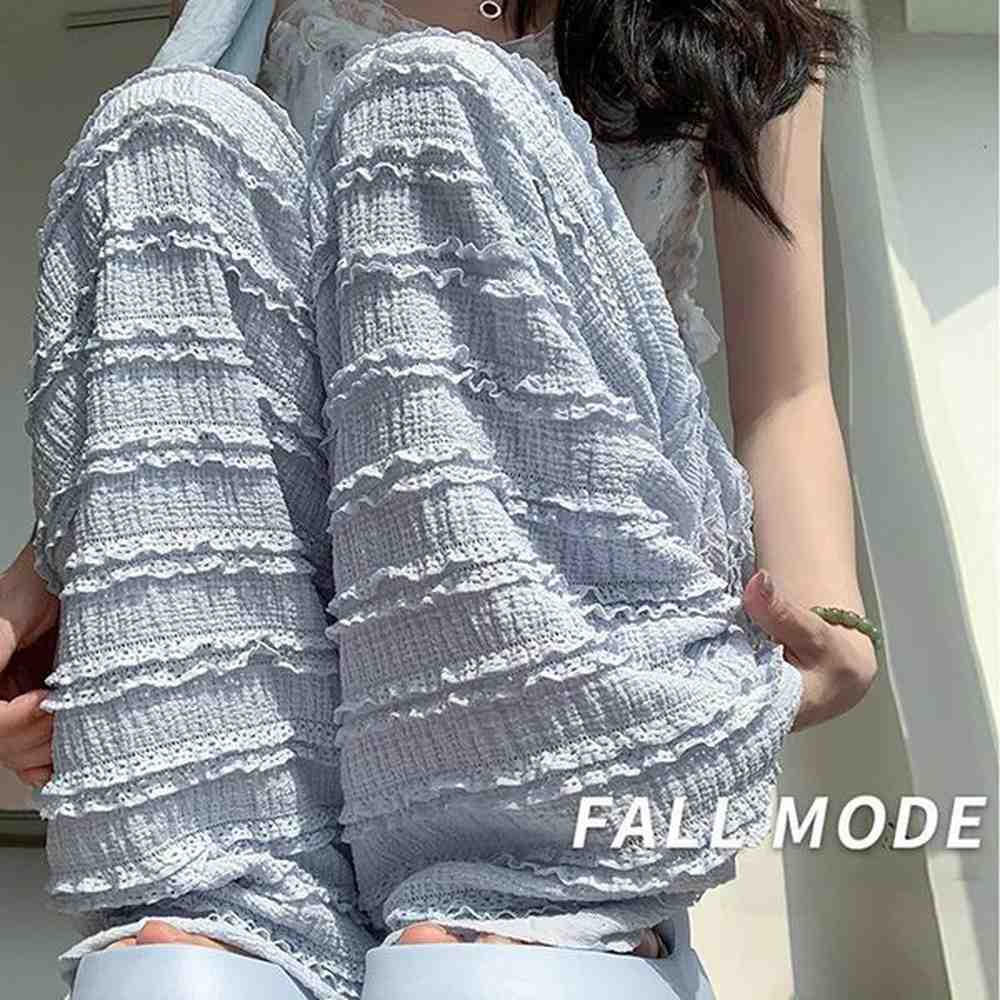casumanl blue cake pants females lace stacking summer high waisted
