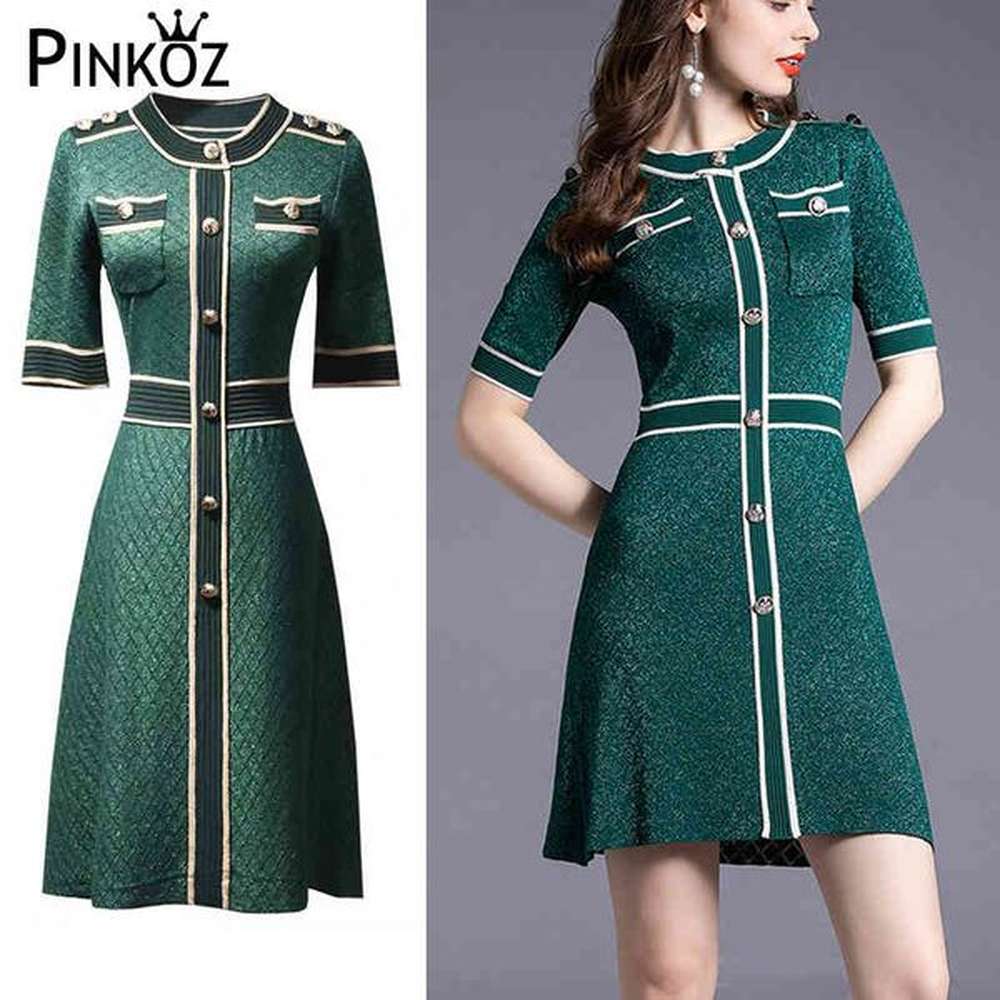 ccstyle slim elegant office lady green plaid kniiting dresses buttons